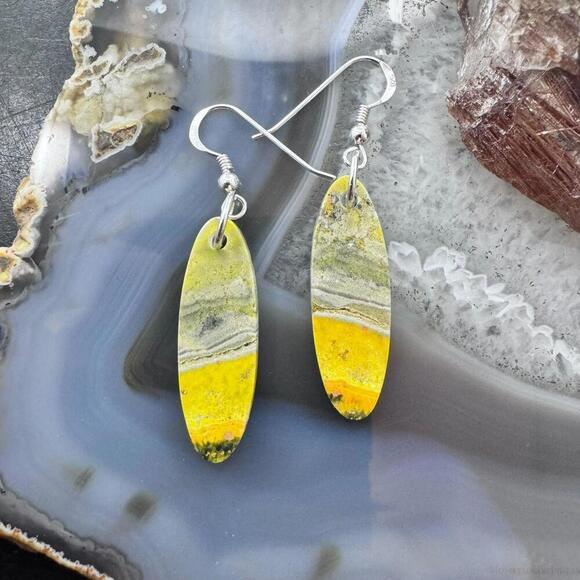 Jewelry - Sterling Silver Oval Bumblebee Jasper Slab Dangle Earrings For Women #166
